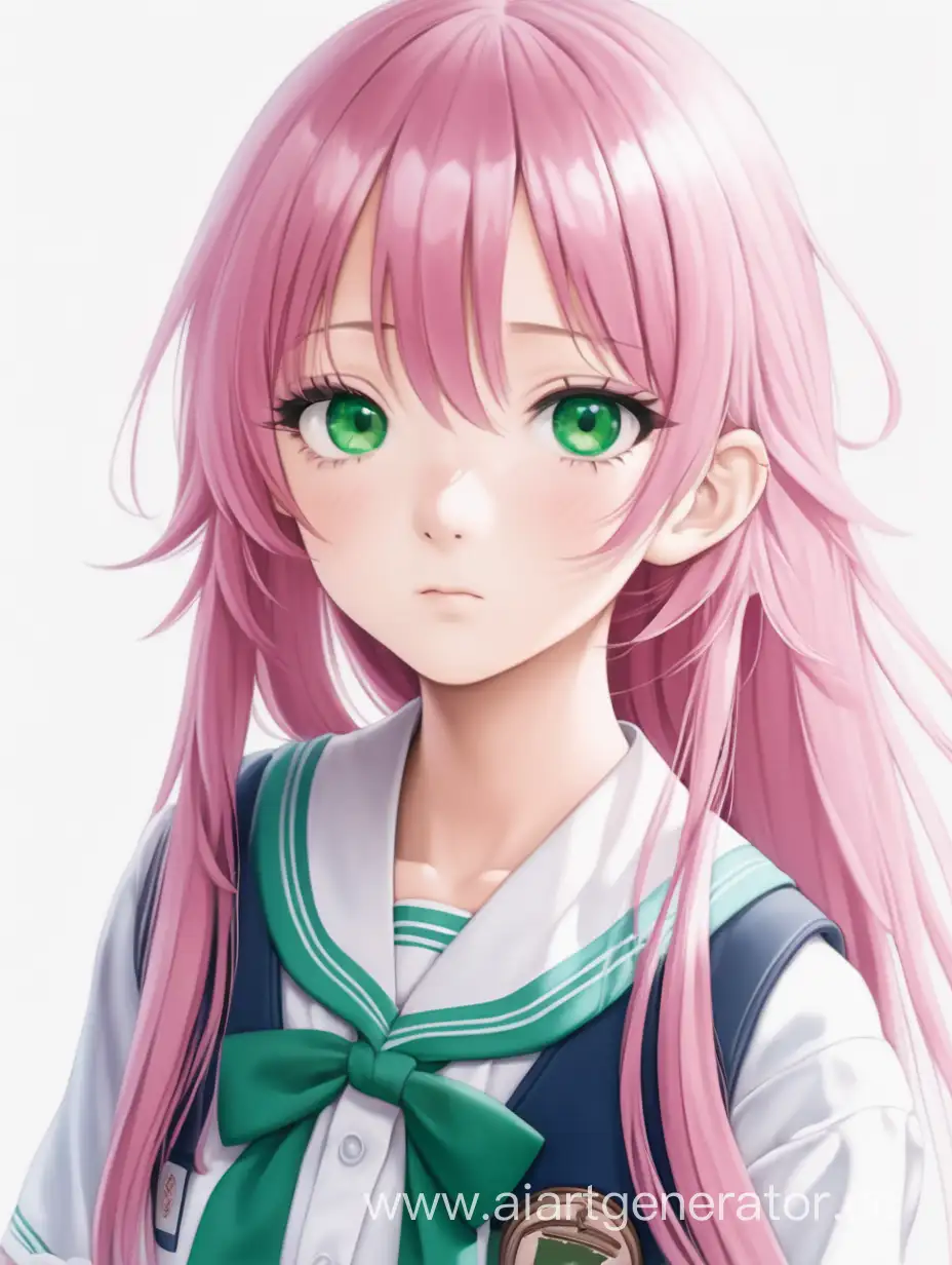 the girl is Japanese, she is 15 years old, she is a schoolgirl, so she wears a school uniform, her long loose pink hair and green eyes 