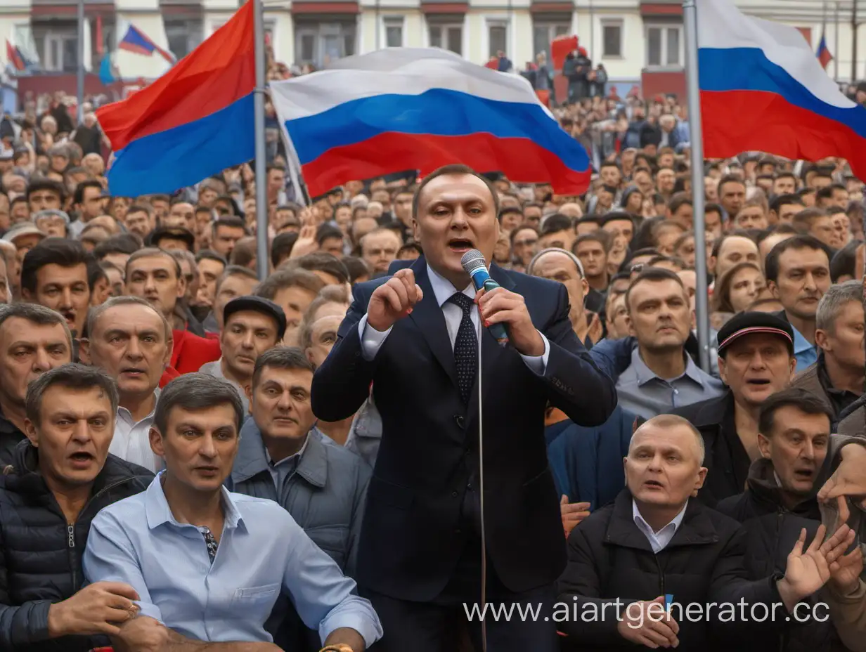 Газманов поёт в микрофон а на фоне народ размахивает флагами России