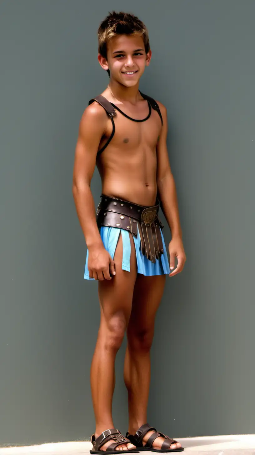 cute lightly tanned 18 year old boy, in  tiny micro-miniskirt displaying his full bare thighs, and gladiator sandals, and singlet