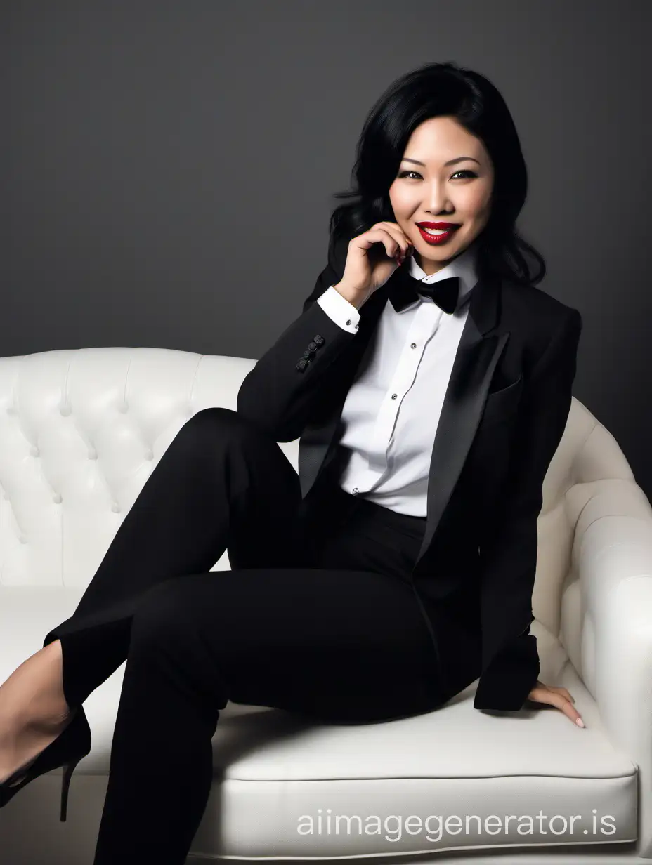 A beautiful  and joyous asian woman with shoulder length black hair, and lipstick, mid-twenties of age, is sitting on a couch in a dark room.  She is wearing a tuxedo with an open black jacket and black pants.  Her shirt is white with double french cuffs and a wing collar.  Her bowtie is black.   Her cufflinks are large and black.  She is wearing shiny black high heels. 
