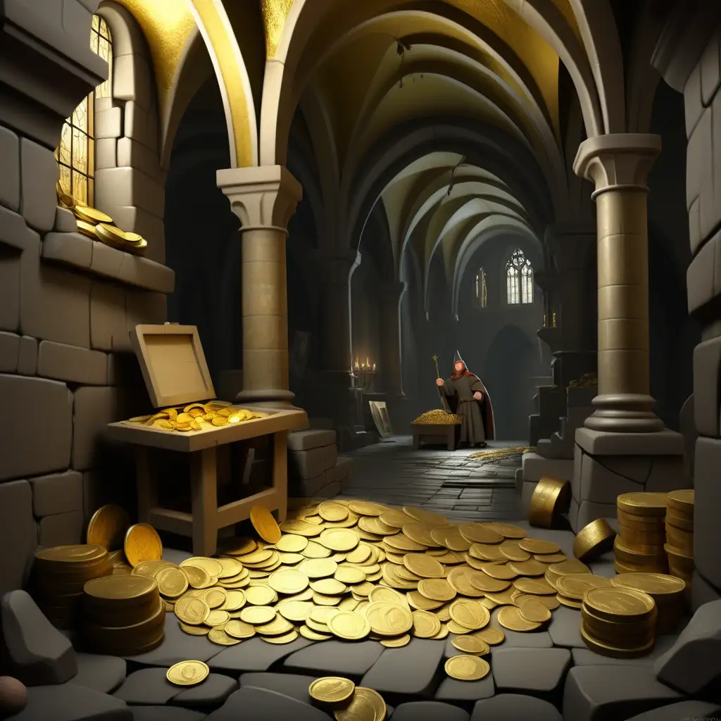 Lots of golden coins, treasure and paintings from Middle Age are secretly hidden under a secret cave under the floor in  Saint Bavo's cathedral. Disney Pixar Style. 