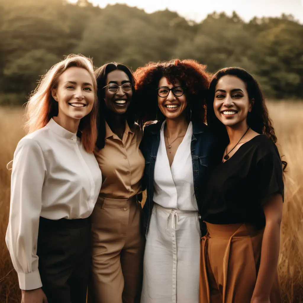 create me a picture of 3 women from different religions and ethnicities that are standing in nature and they smile and they represent women in leadership