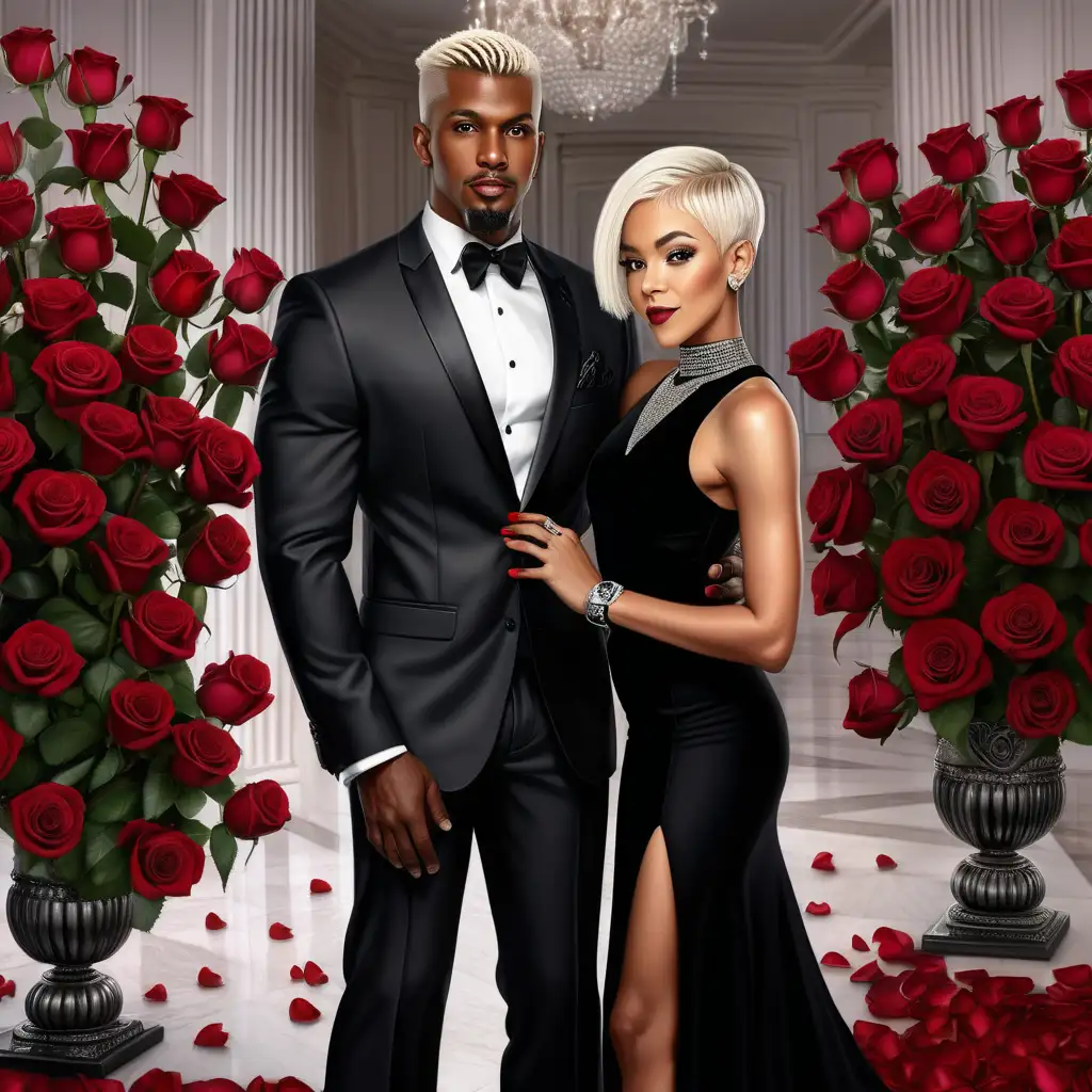 Elegant Black Couple in Luxury Living Room with Valentines Day Roses