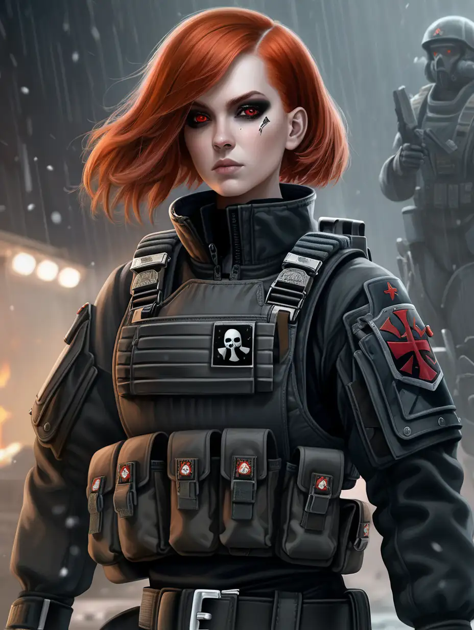 Warhammer 40K Young commissar woman. She has a short chin length haircut. She has light red hair. She has red eyes. Her space black uniform jacket fits perfectly under her plate carrier rig. She has black eyeshadow. She has ghost pale skin. She is wearing a plate carrier rig with a lot of pouches and shoulder straps. Background scene is a sci-fi village in a torrential snowstorm Her uniform fatigues have a chin high collar wind gaiter top. Her plate carrier rig is drab brown colored. Her uniform is all space black.