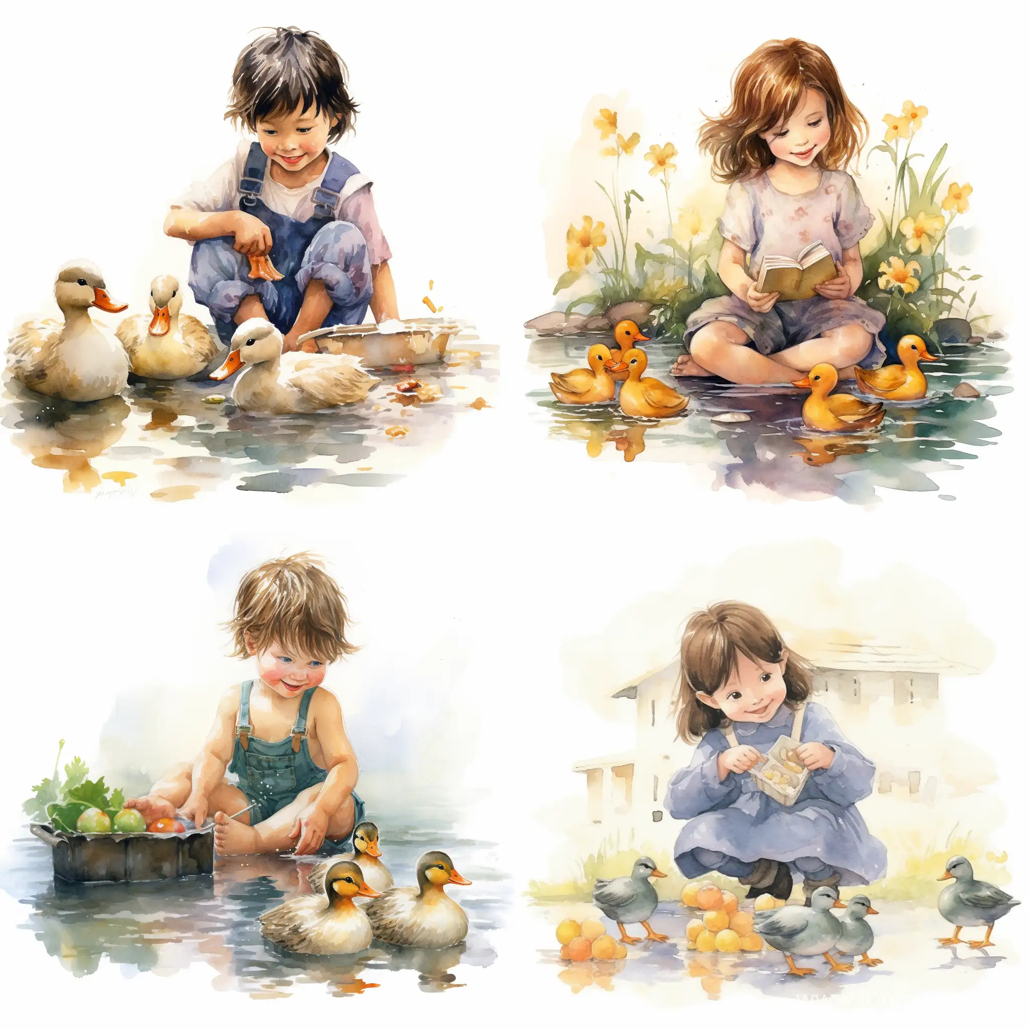 children and ducks watercolor children book illustrations