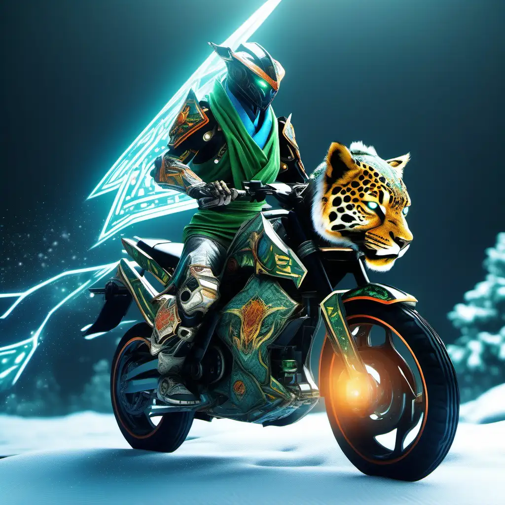 high definition simulation of a video game riding Mount gameplay screen with a cyberpunk Samurai Knight warframe ninja Robotic zord motorcycle
leopard with anime hair With glowing lightning fists wearing a beautiful frozen kimono with green black and orange blues snow sacred geometry and armored shoulder guards