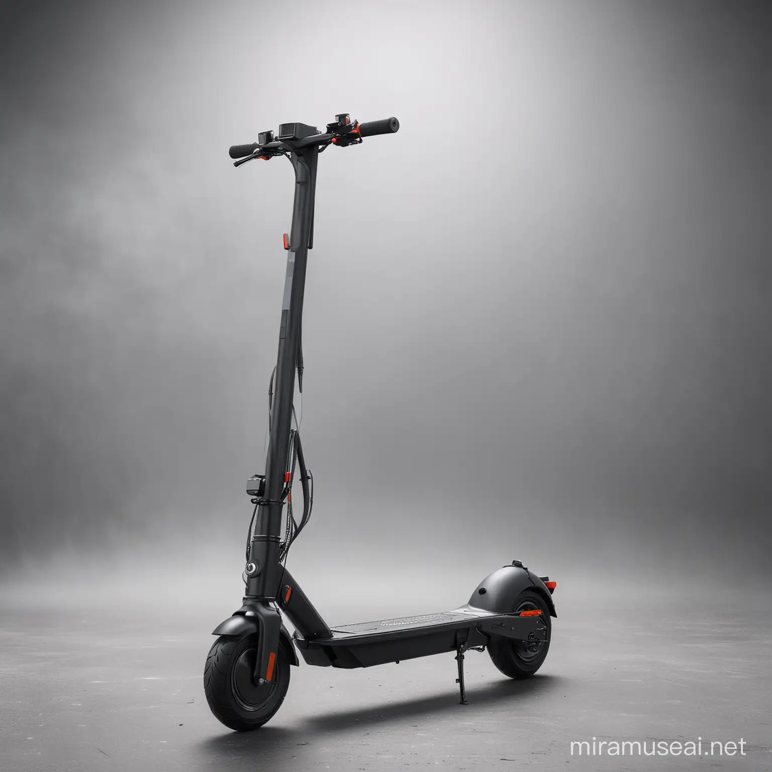 Make an electric scooter that is black and make the background foggy and the electric scooter be modern and minimalistic 