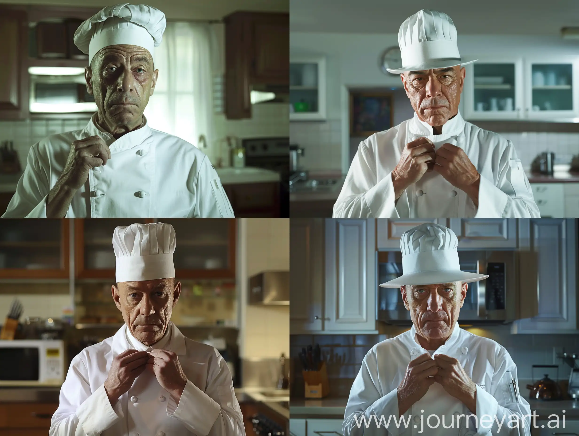 Gustavo Fring (played by Giancarlo Esposito) is bad in Breaking Bad, Gustavo Fring (played by Giancarlo Esposito) wears a white chef's uniform, Gustavo Fring (played by Giancarlo Esposito) wears a white chef's hat, Gustavo Fring tries to tie his tie slow, kitchen background, very very less happy face, modern lighting,  clear, , realistic ,q2
