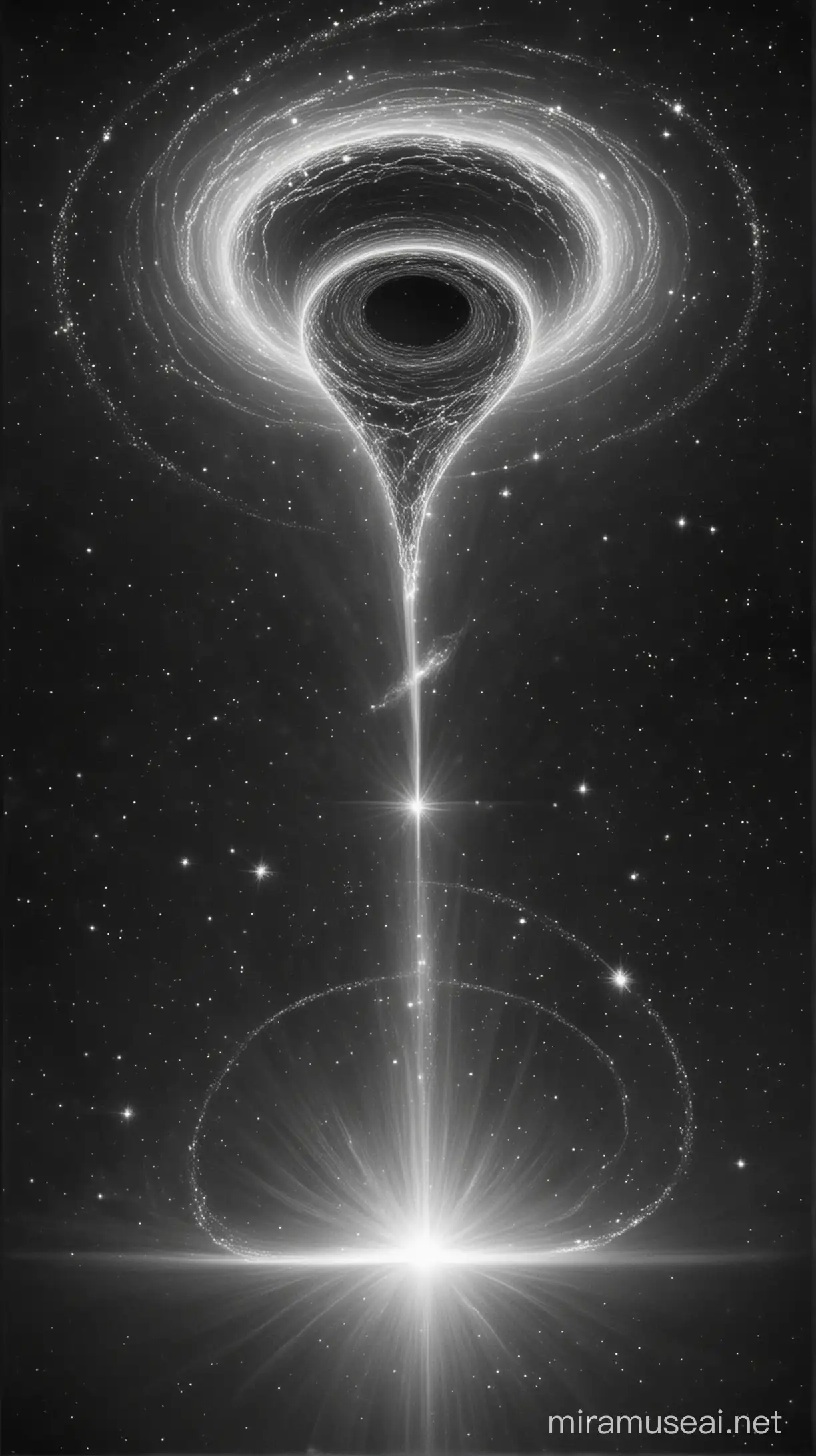Desde el punto de la singularidad iluminada por el círculo de energía en el cuadro izquierdo, estalla en una sola dirección y dimensión, en forma de embudo, varios rayos y energías en espiral, el fondo del universo está sin estrellas.