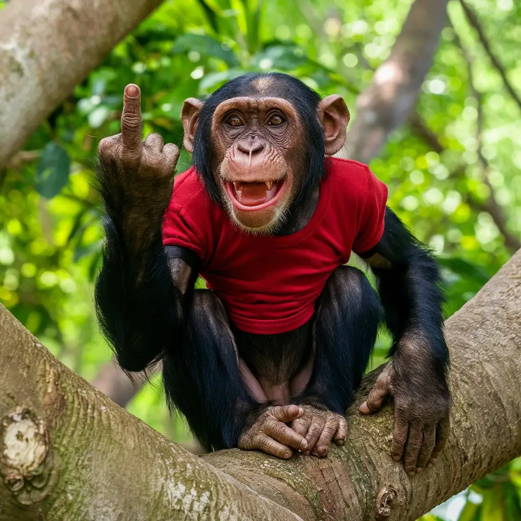 Ein Chimpanse zeigt den Mittelfinger und lacht, realfoto