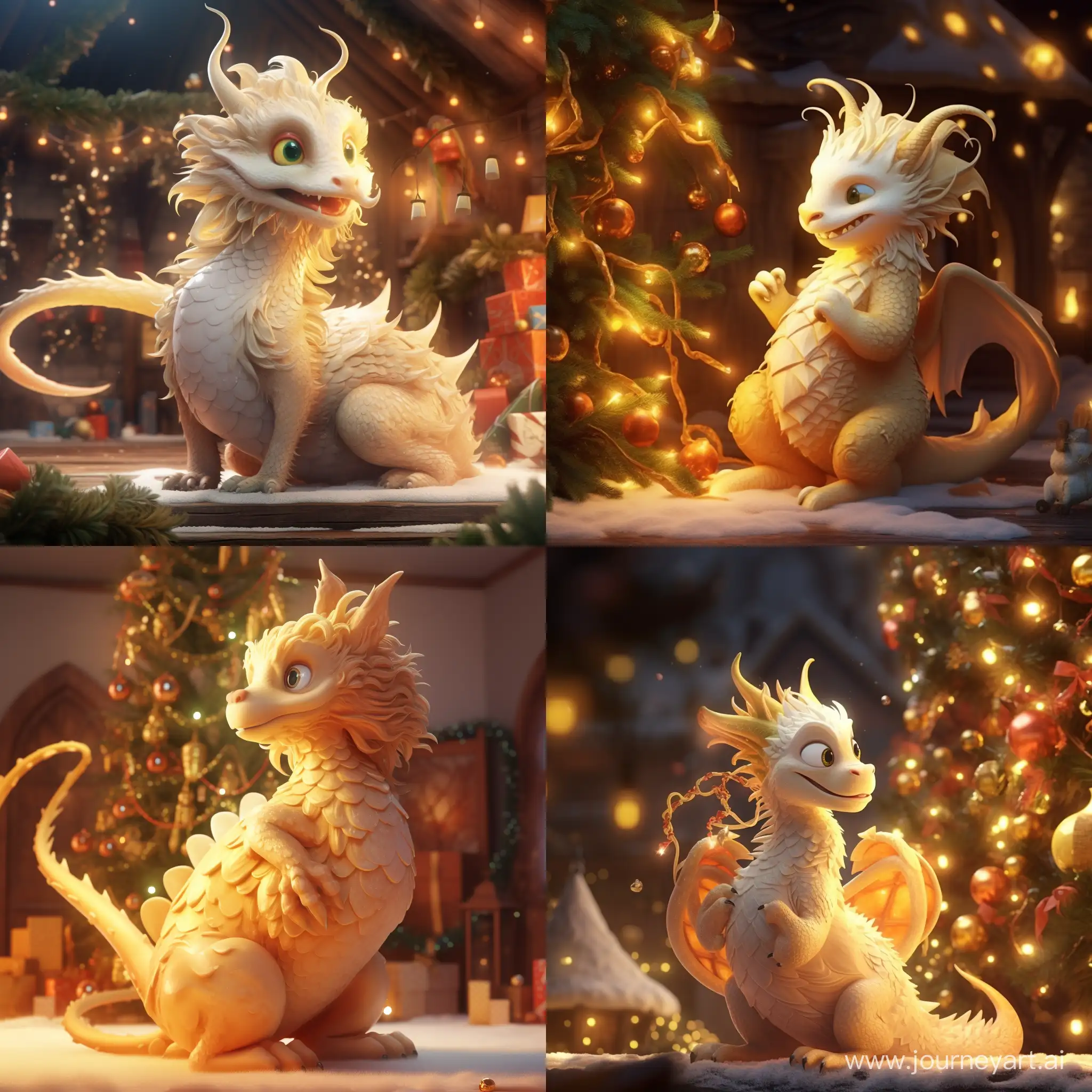 Festive-Golden-Dragon-Waving-Goodbye-to-Bunny-by-Christmas-Tree
