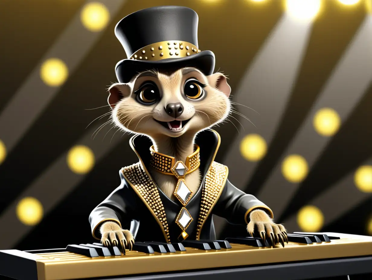 Glamorous Meerkat Musician Performing on Stage with Black Keyboard