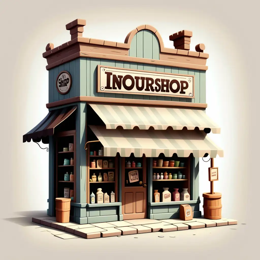 soltary cartoon-like small old-time shop 'InOurShop', blank background