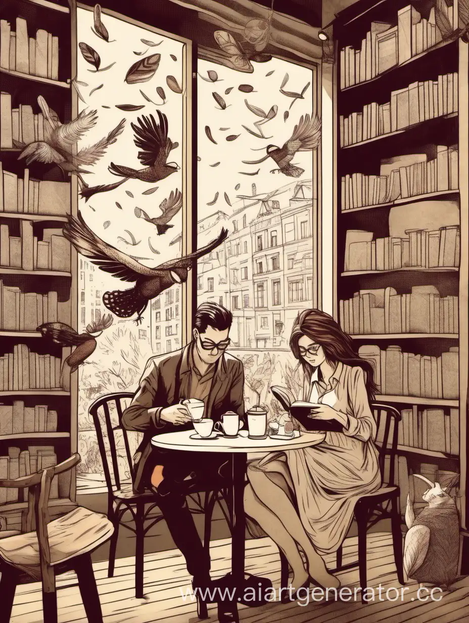 мужчина  и женщина сидят в кафе, девушка в платье читает книгу, мужчина в очках пьет кофе. вокруг них летают перья, на фоне книжные шкафы и посетители с чашками кофе