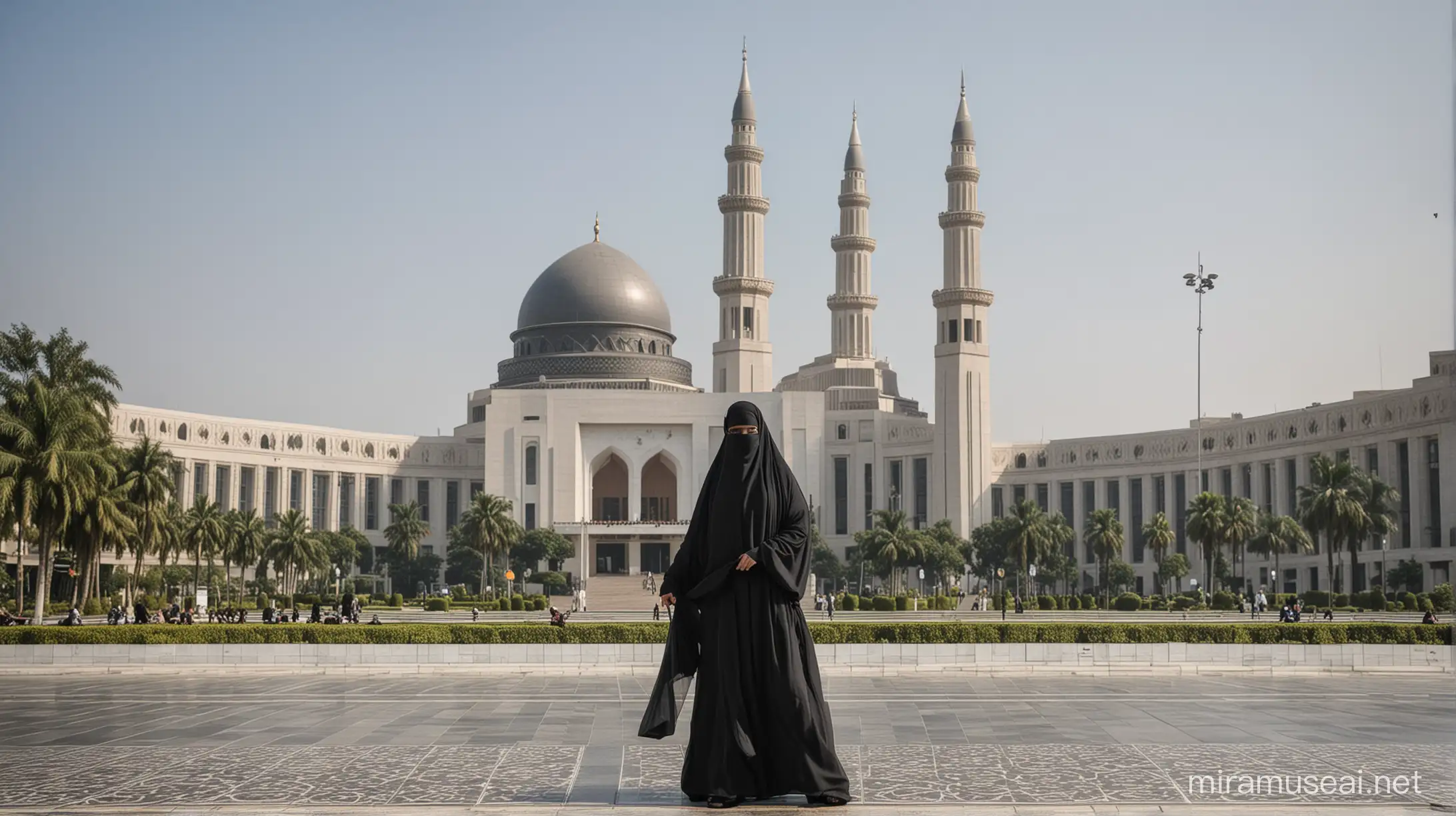 Indonesian Women in Burqas at Istiqlal Mosque Realistic Cultural Scene