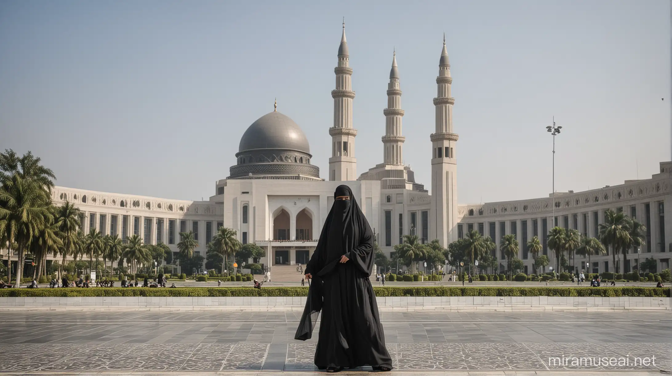 Wanita Indonesia memakai burga, latar belakang mesjid Istiqlal, realitis 