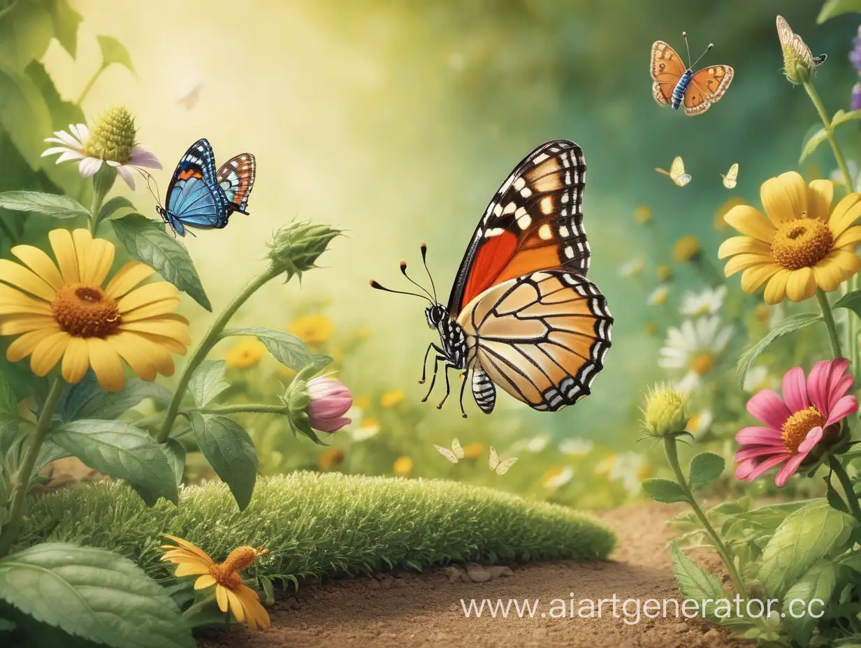 Маленькая гусеница Уго наблюдал, как его друзья бабочки летают с цветка на цветок в сказочном саду