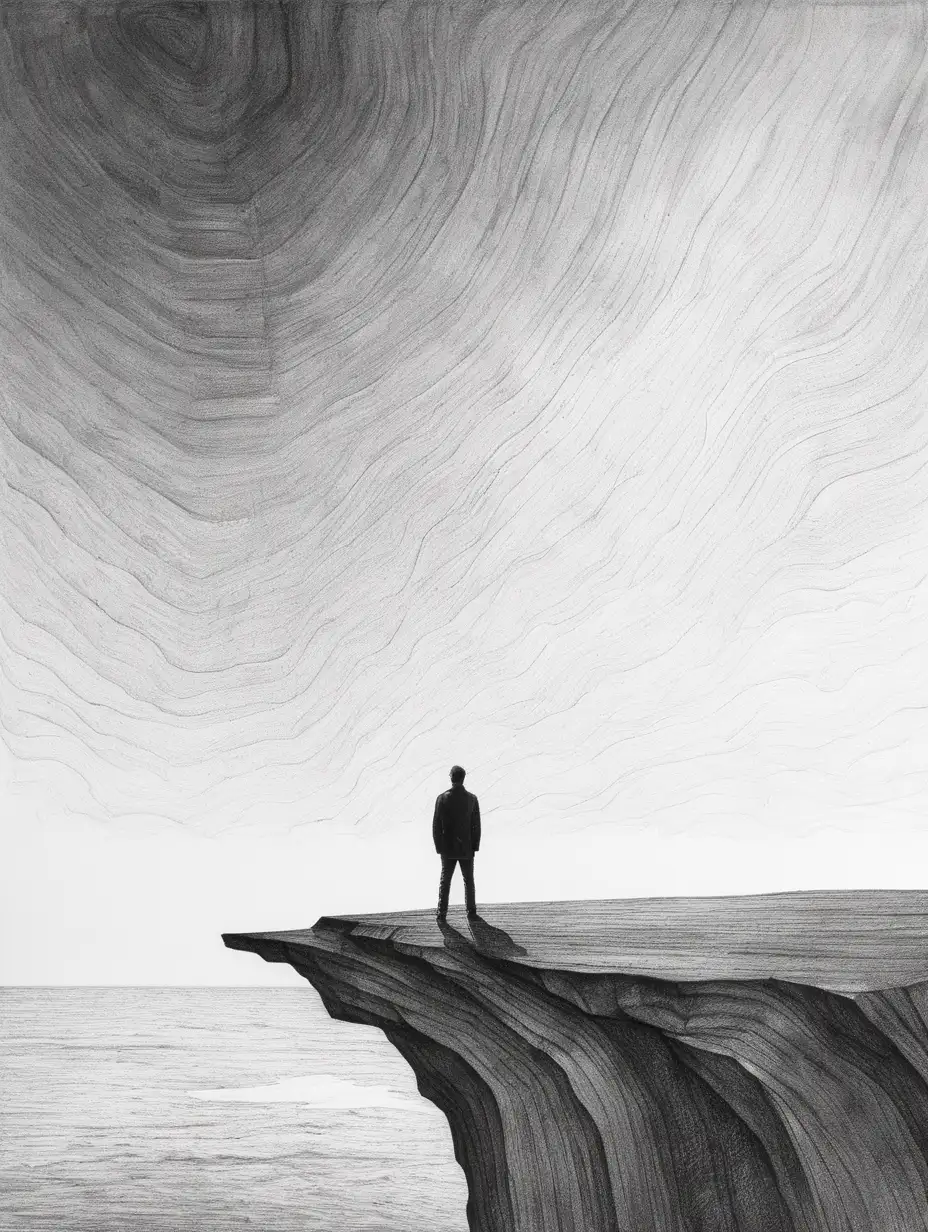 modern, abstract drawing of a man standing at the edge of the world