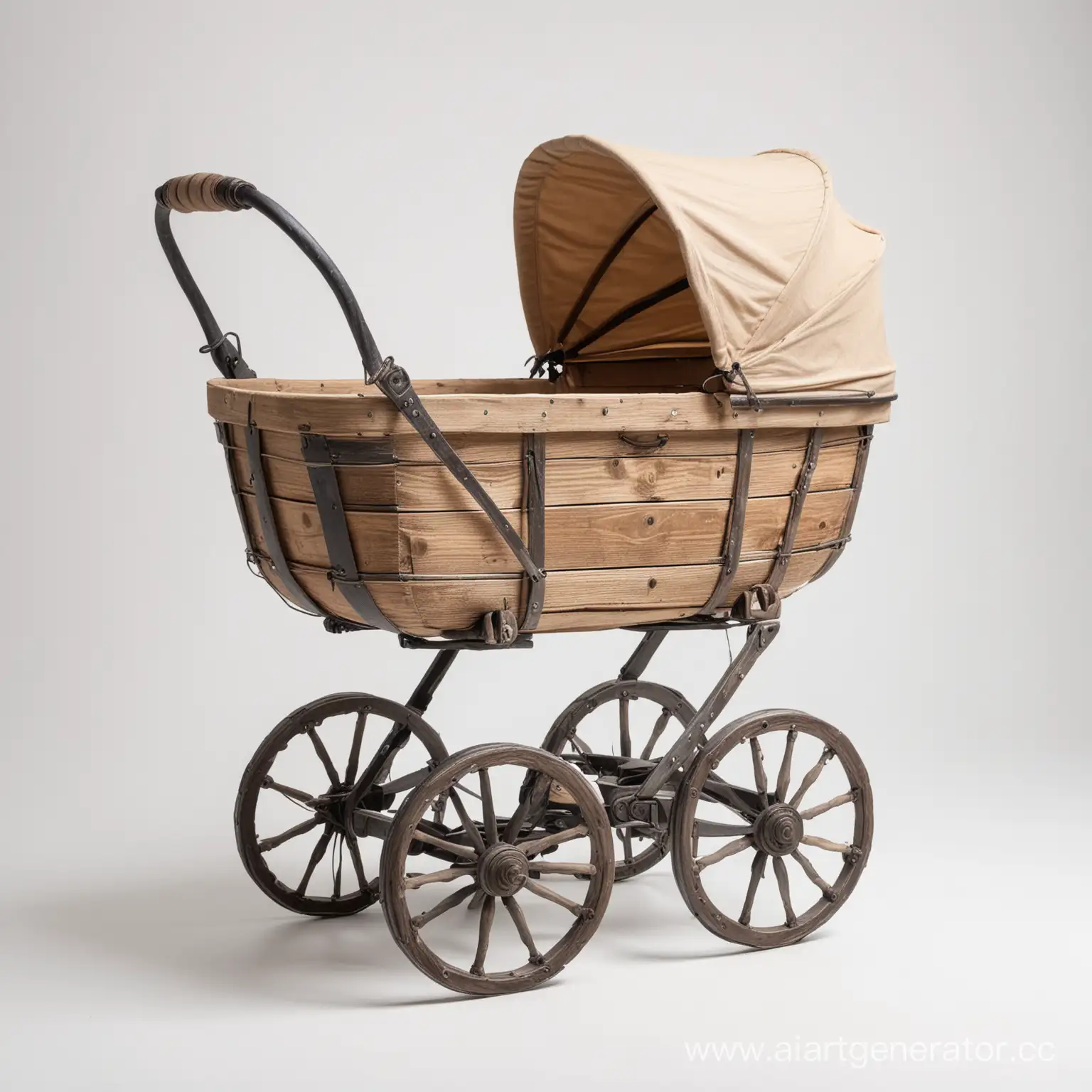 Vintage-Wooden-Baby-Carriage-with-Iron-Handle-on-White-Background