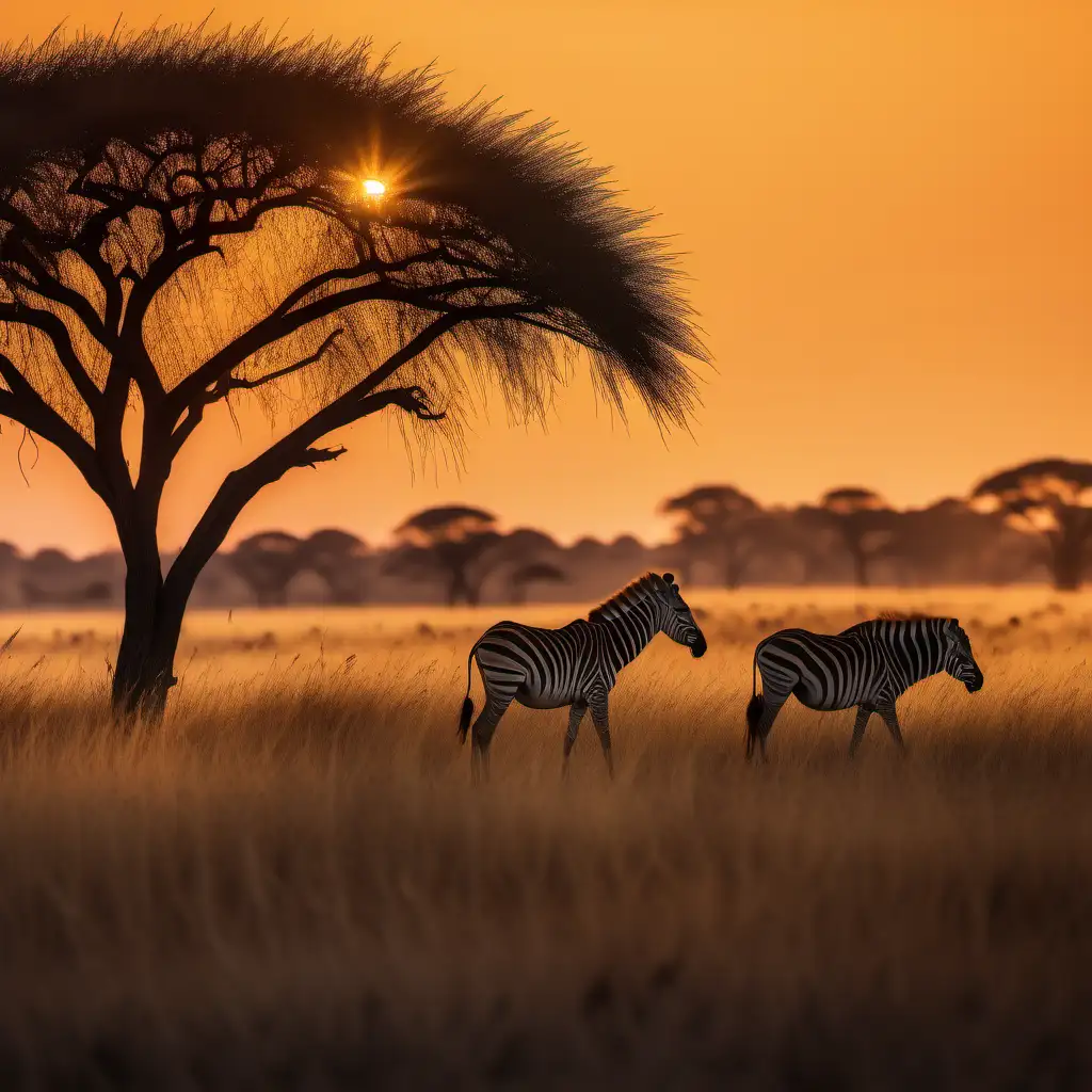 A breathtaking sunset over a remote savanna, with the golden light illuminating the tall grasses and casting long shadows of roaming wildlife, in a scene of wild African beauty, shot with Sony Alpha a9 II and Sony FE 200-600mm f/5.6-6.3 G OSS lens, natural light, hyper realistic photograph, ultra detailed