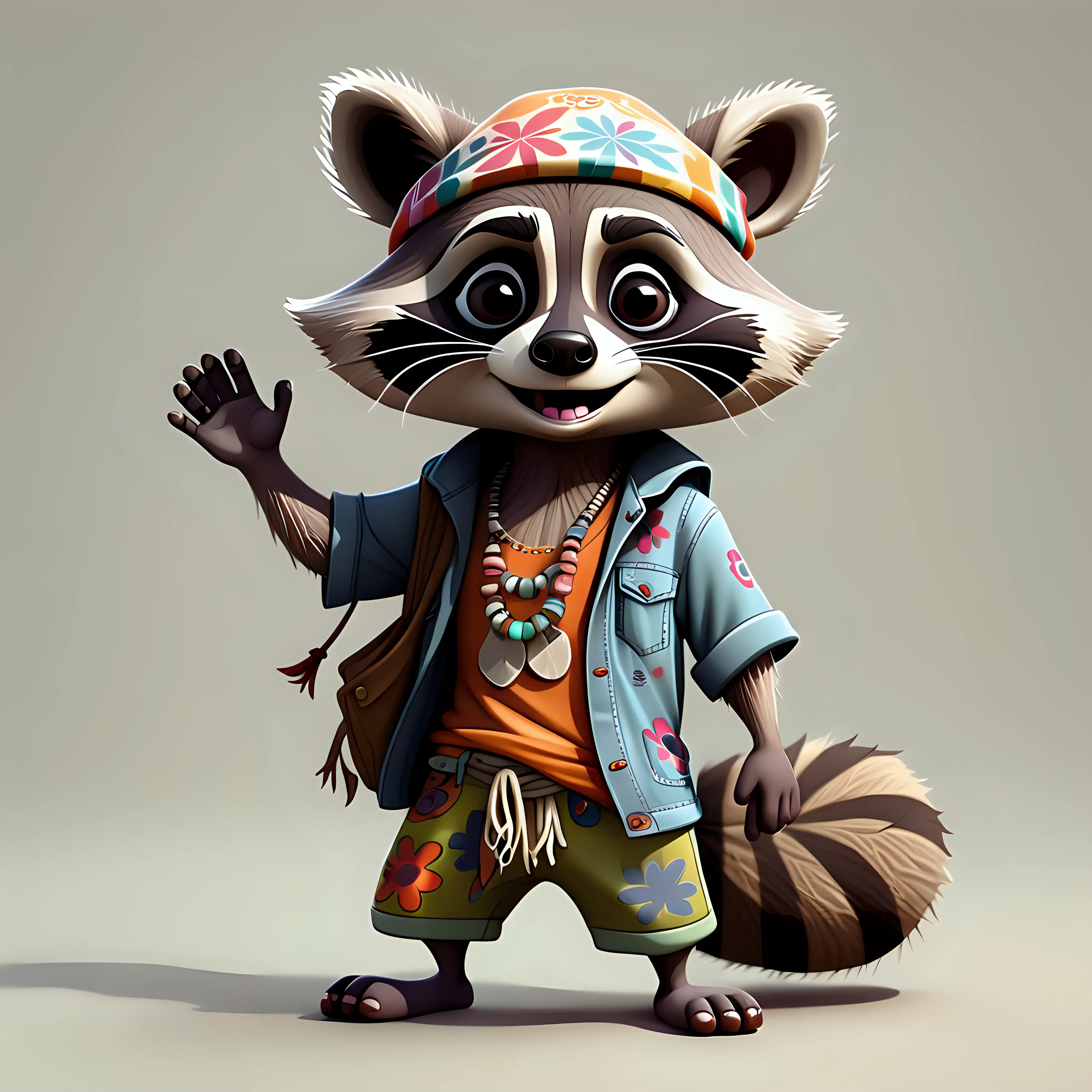 a cute funny raccoon in full body cartoon style with Hippie clothes with clear background