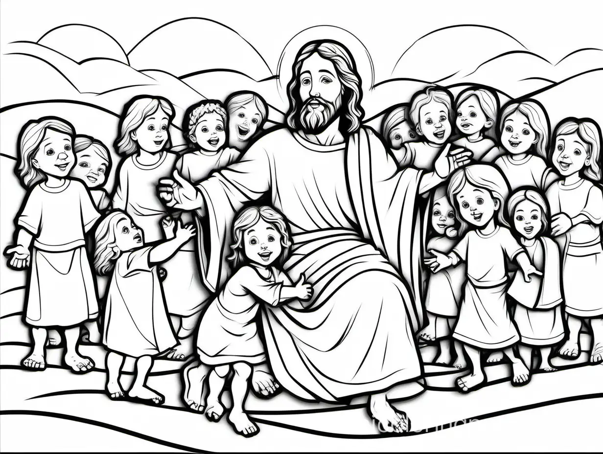 simple playful jesus playing with the little children, Coloring Page, black and white, line art, white background, Simplicity, Ample White Space. The background of the coloring page is plain white to make it easy for young children to color within the lines. The outlines of all the subjects are easy to distinguish, making it simple for kids to color without too much difficulty