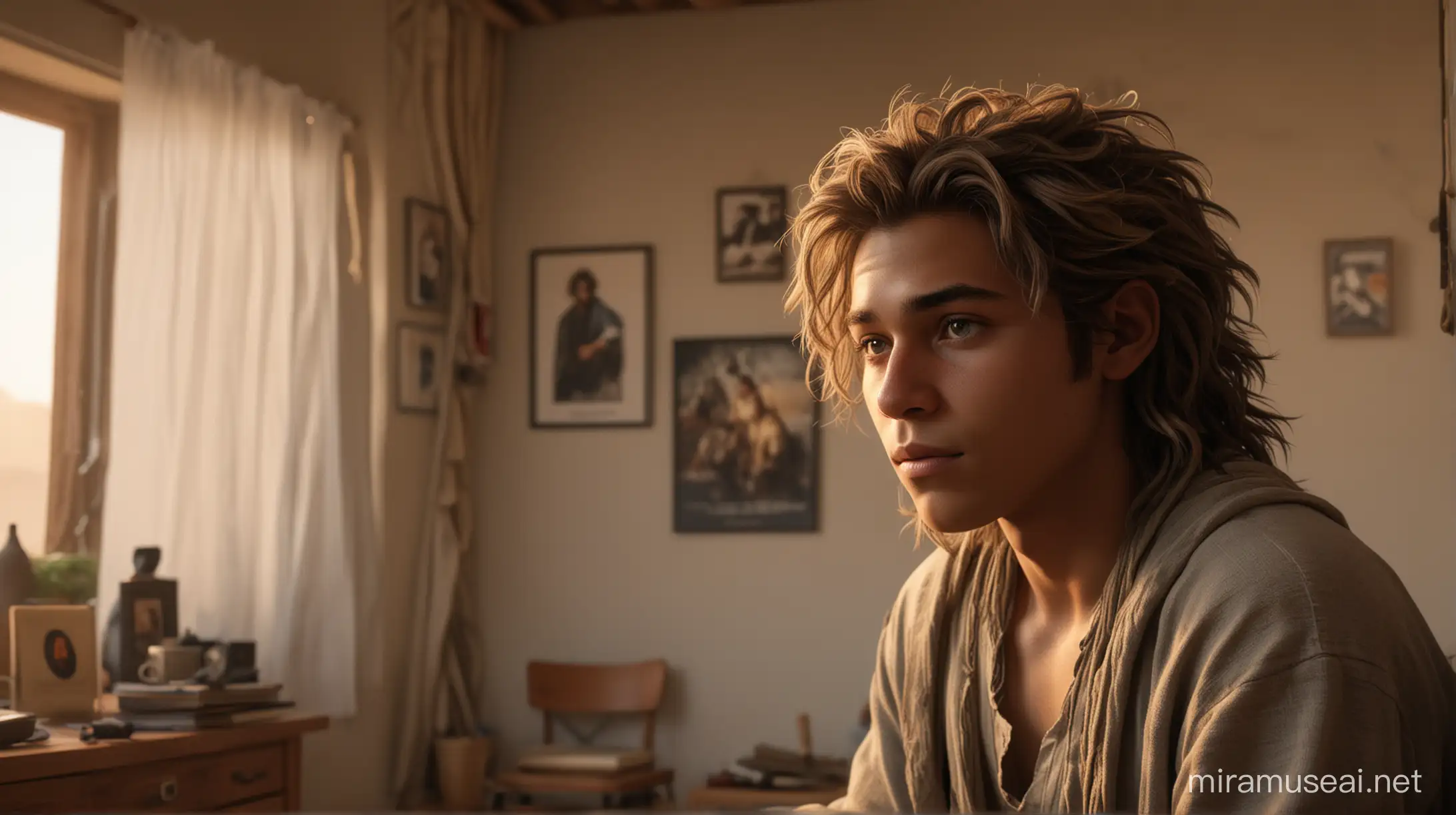 /imagine prompt: realistic, personality: [AJANI, a 17-year-old boy with hopeful eyes, waking up in a humble home at sunrise. There’s a gentle tiredness in his face, but his eyes glint with determination as he gazes at a makeshift poster of a famous musician on his wall]unreal engine, hyper real --q 2 --v 5.2 --ar 16:9