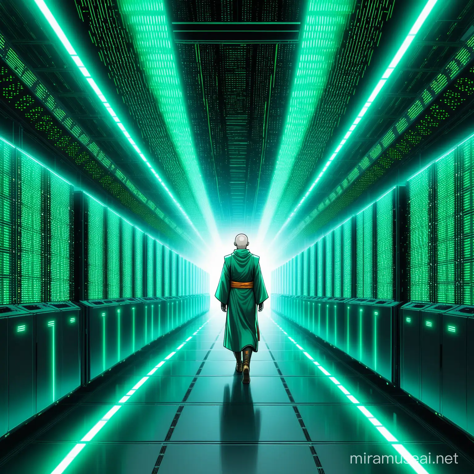 futuristic utopian metaverse android monk walking in a server farm