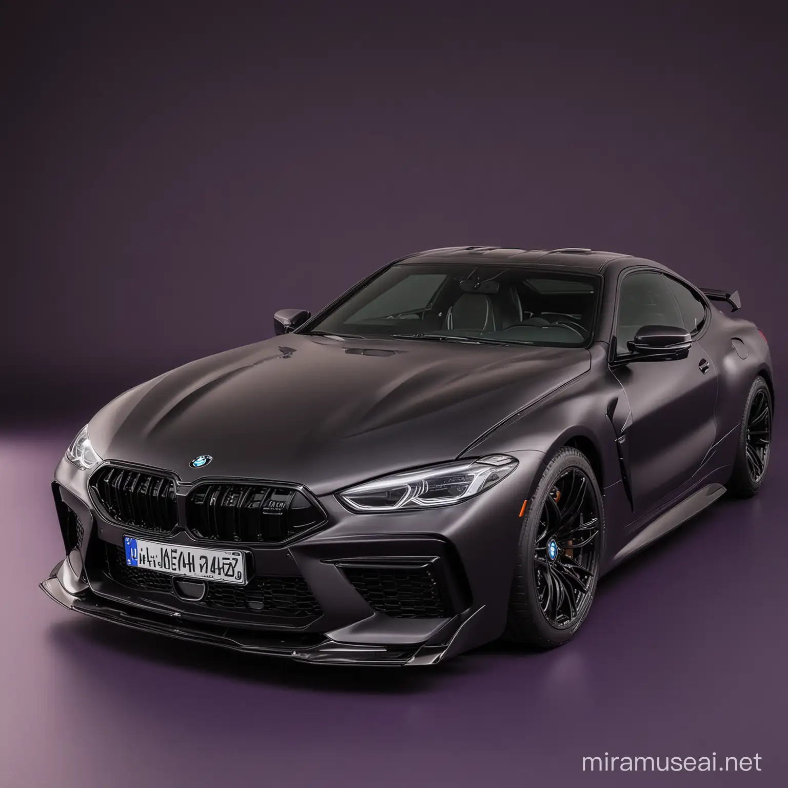 Black BMW M8 with Custom License Plate on a BlackPurple Gradient Background