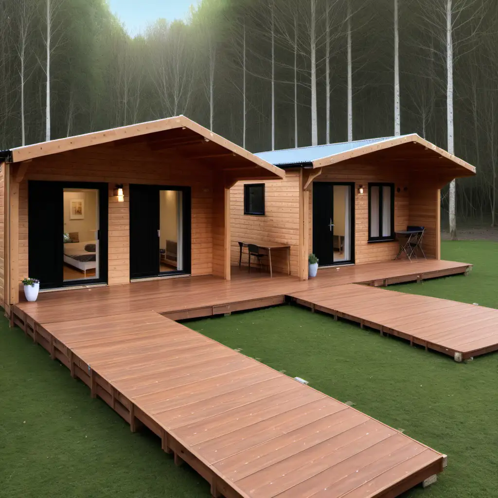two  timber cabins with both separated in 2 studios each with 2 separate entrances each and 1m decking in the front