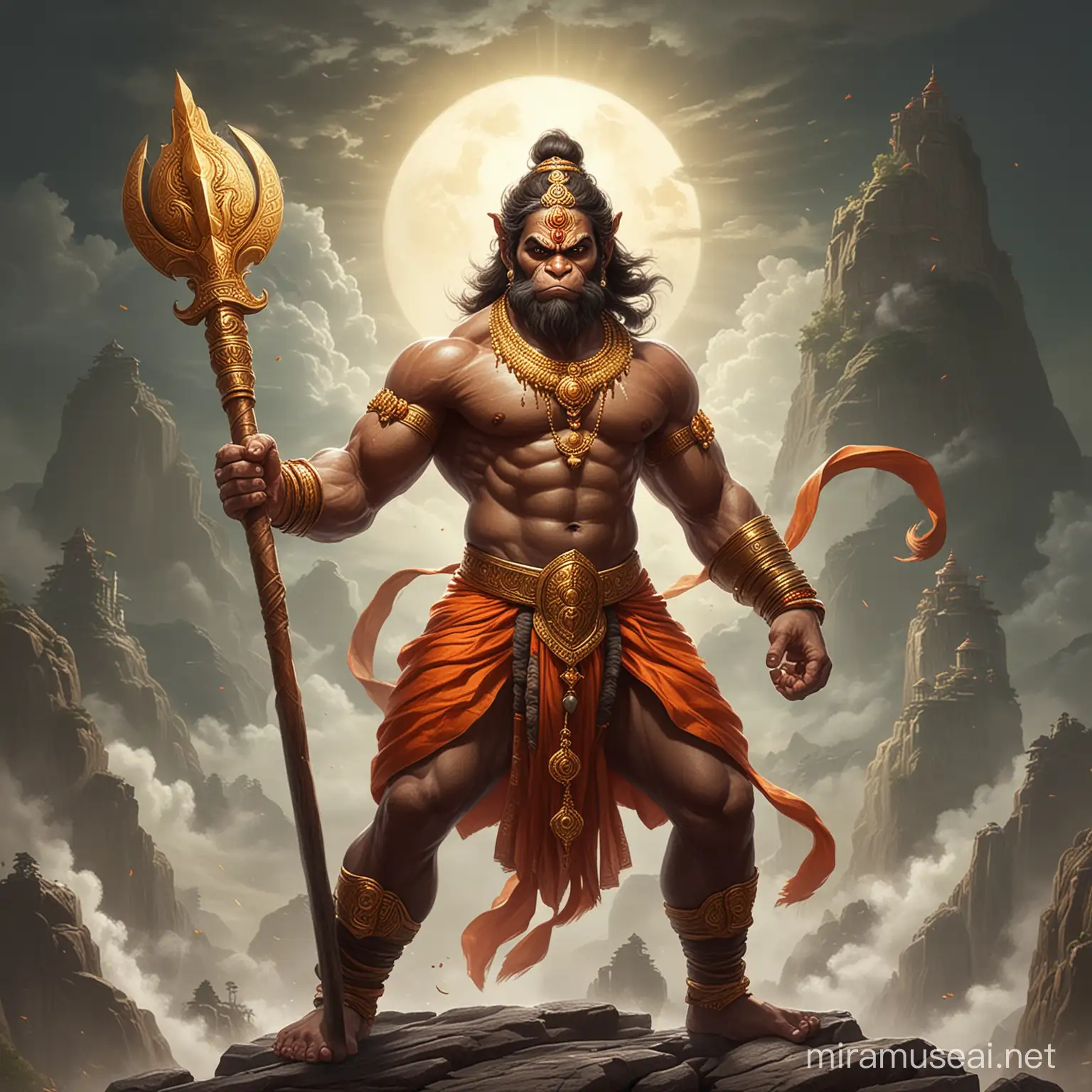 "Craft an evocative digital portrayal of Lord Hanuman, the revered Hindu deity, with his mighty gada (mace) in hand. Infuse the illustration with the essence of his immense strength, unwavering devotion, and divine grace. Let Hanuman's presence radiate with the symbolism and reverence attributed to him in Hindu mythology, emphasizing the significance of the long gada as a symbol of his power and protection."