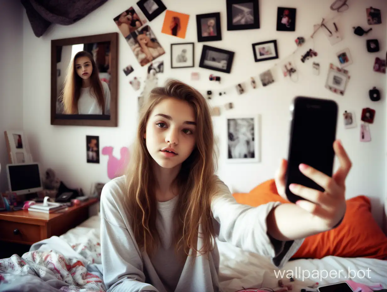 Petite teenage girl taking a selfie of herself with an iPhone in her cluttered bedroom, realistic details