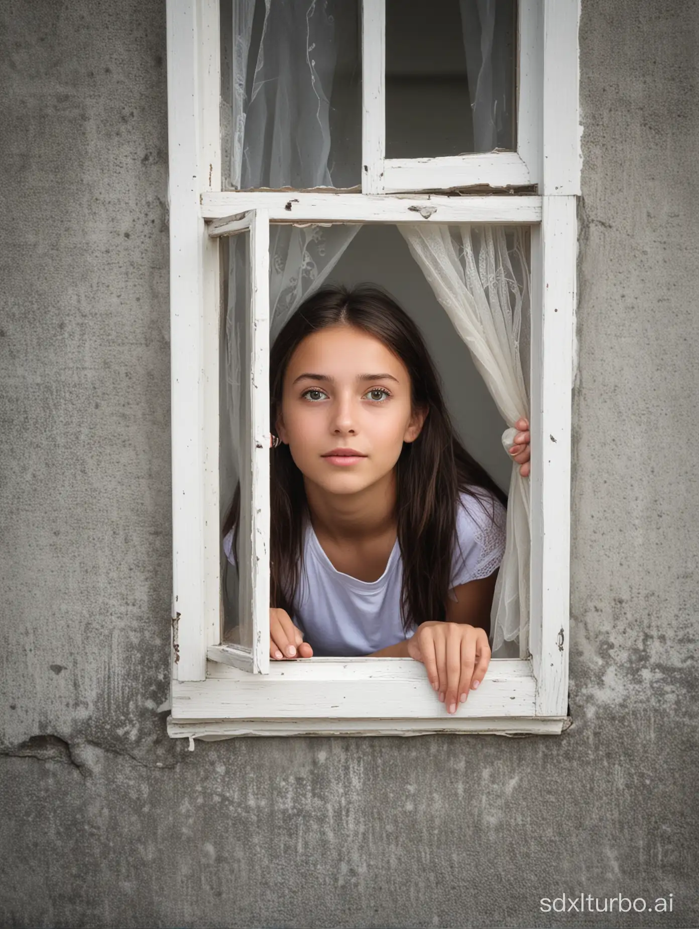 girl looks out of a window