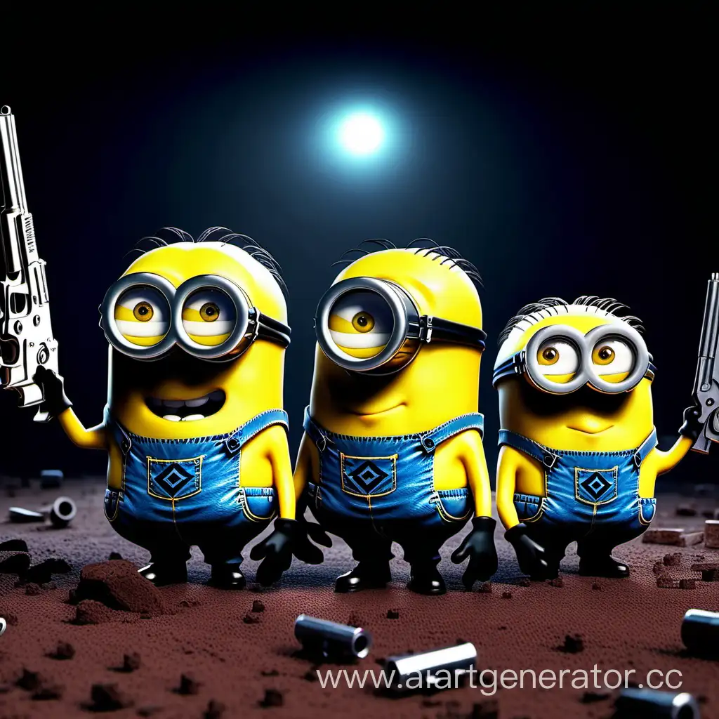 Pixart movie on the screensaver minions with pistols shoot at pigs