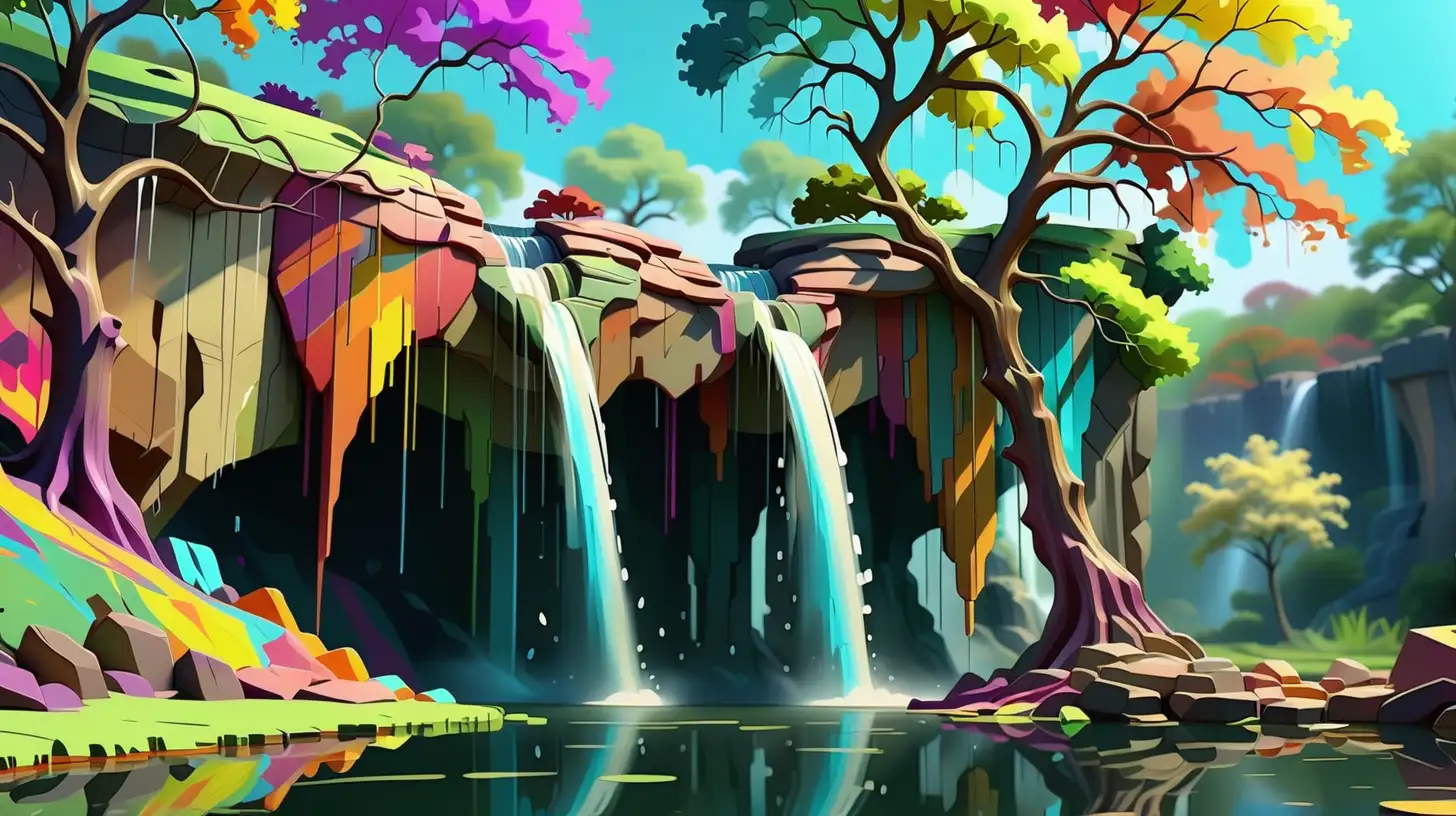 /imagine a waterfall pouring down from the left side and another waterfall pouring down from the right of the cliff down onto an oak tree, standing in middle of a pond, colorful abstract 4k art