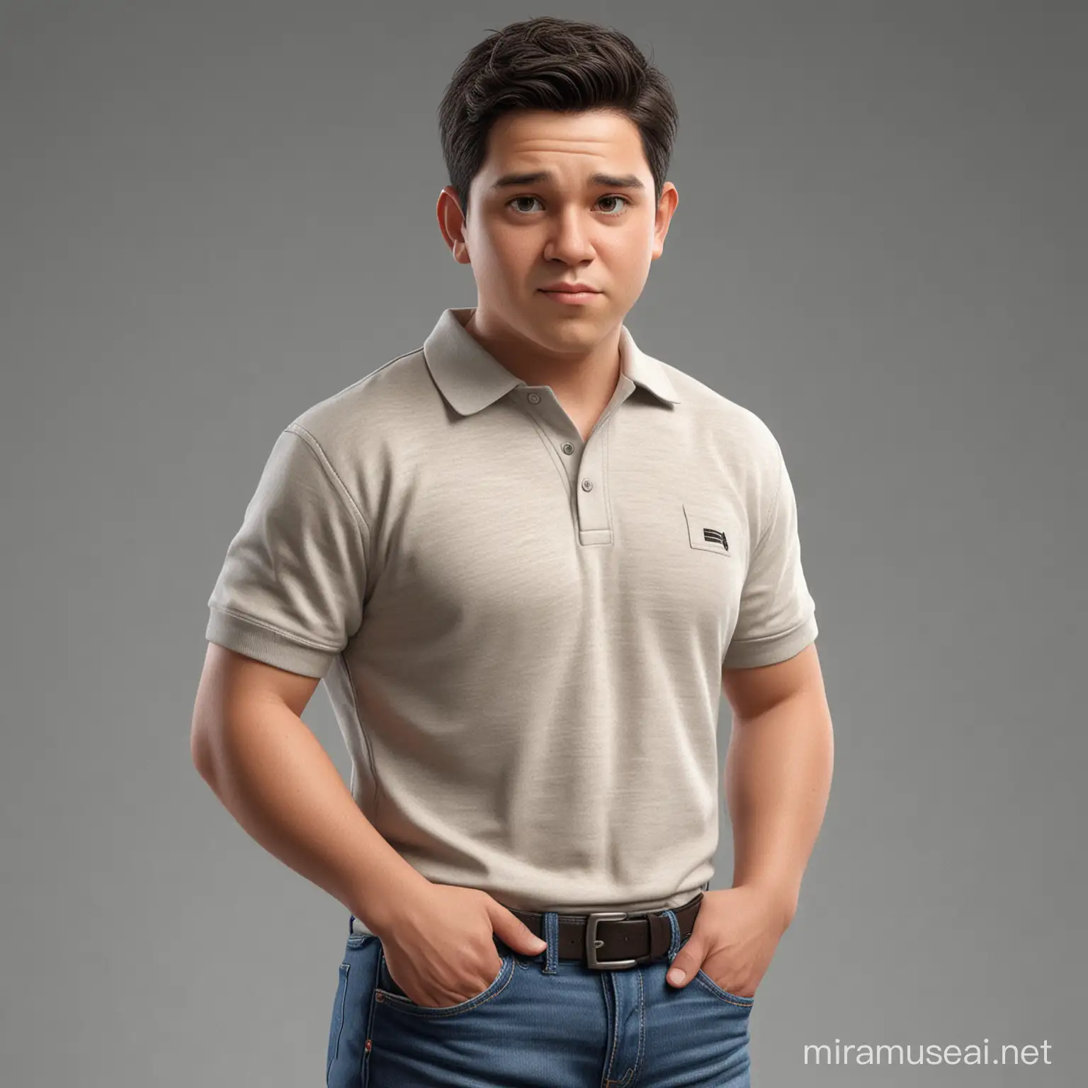 plain background, man, realistic,  little chubby face,looking at the camera, hyperrealism, anatomically correct, textured skin, super detail, award winning, high quality, best quality, black short hair, He wears a light polo shirt. wear sneaker and jeans,full body