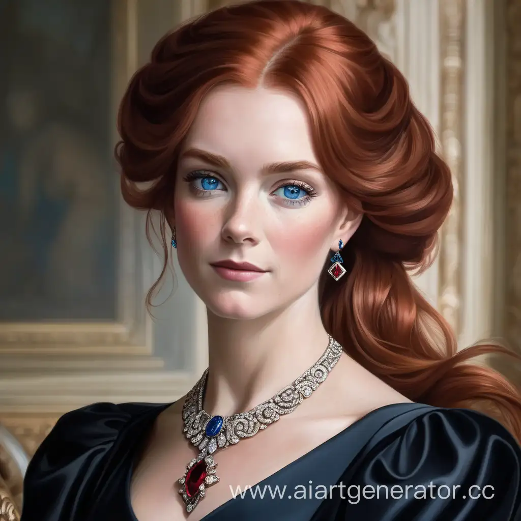 Герцогиня с медно-русыми волосами и голубыми глазами, в черном платье и с рубиновыми украшениями