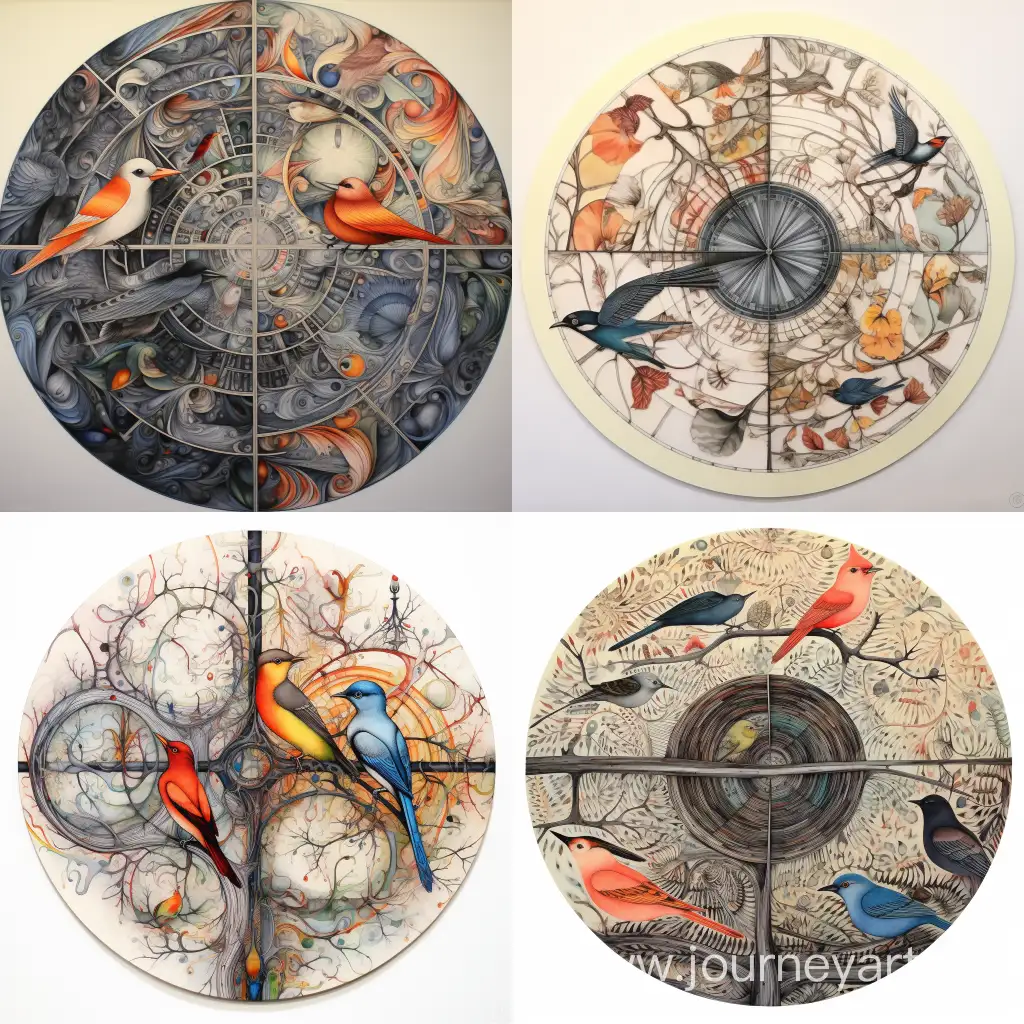 Meticulously-Crafted-Circular-Abstract-Painting-with-Ornamental-Birds-in-Subtle-Hues