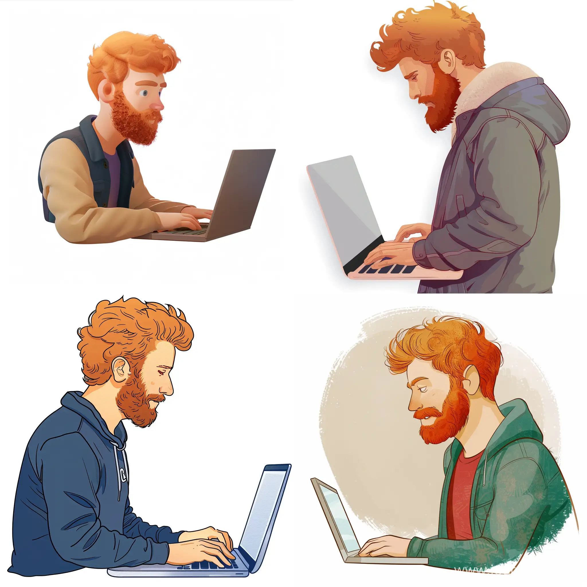 memoji of a 25 year old man with ginger hair and beardcoding in a laptop looking cool from the side