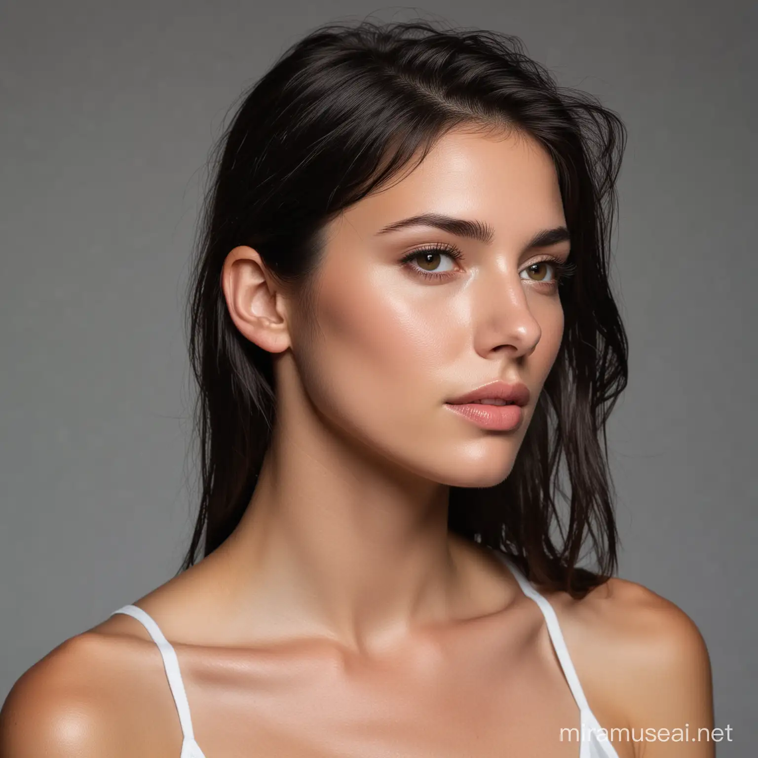 Natural Beauty European and American Female Model with Dark Hair and Detailed Facial Features