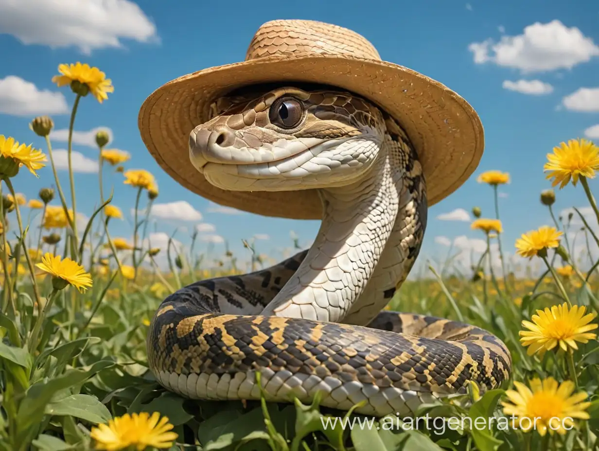 Majestic-Python-Wearing-a-Straw-Hat-Amidst-Dandelion-Meadow-Under-Azure-Sky