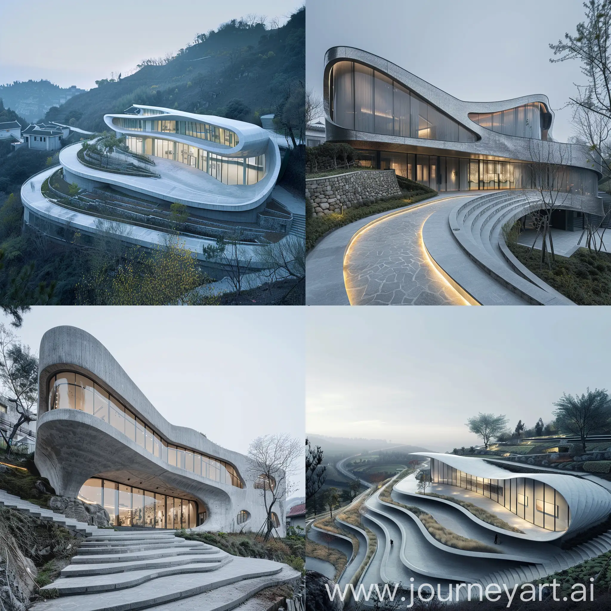 An exterior shot of a visual artist's gallery building located on a terraced terrain, and the gallery is a curved mass