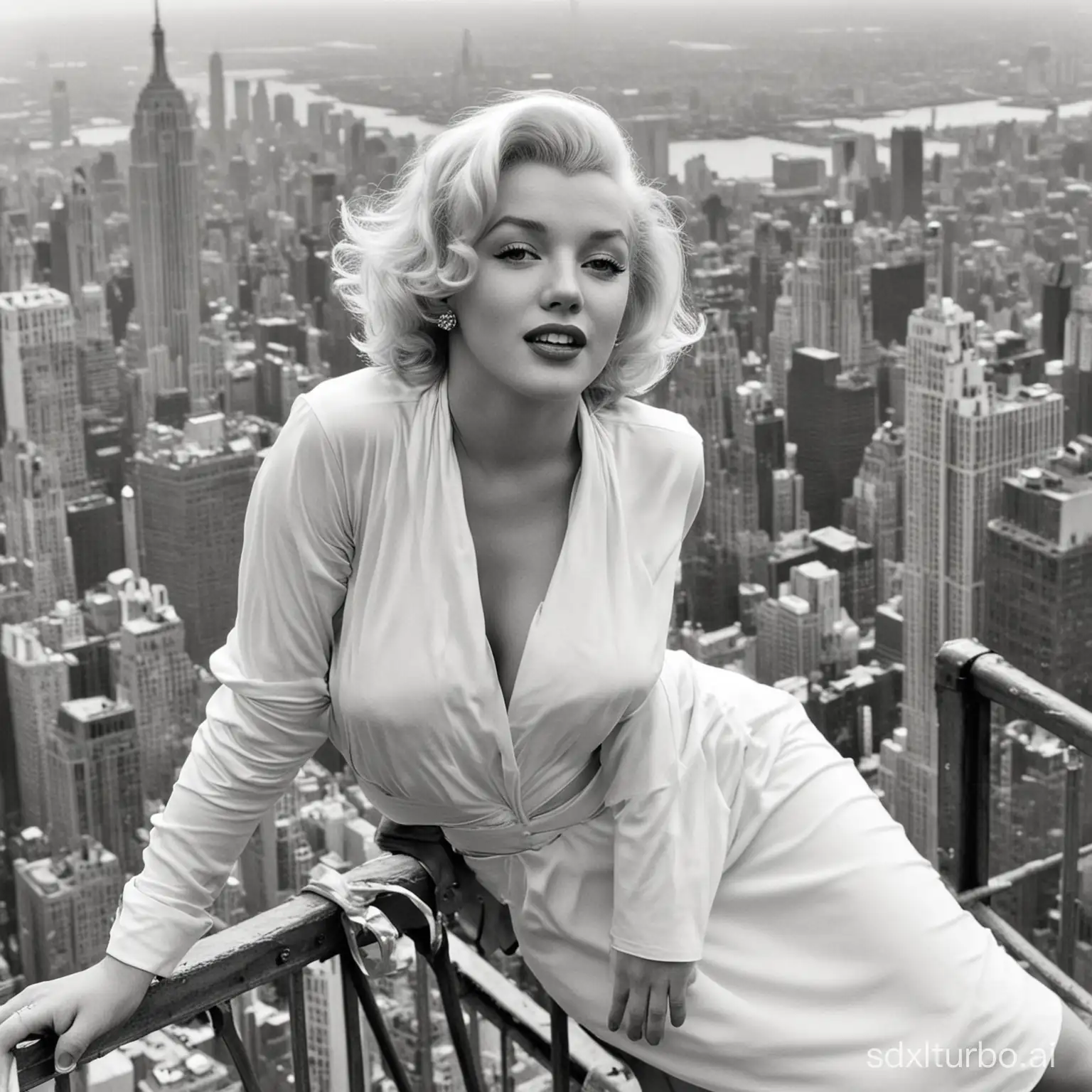 Marilyn Monroe on the top rail of the observation deck of the Empire State Building. She is in the missionary position  