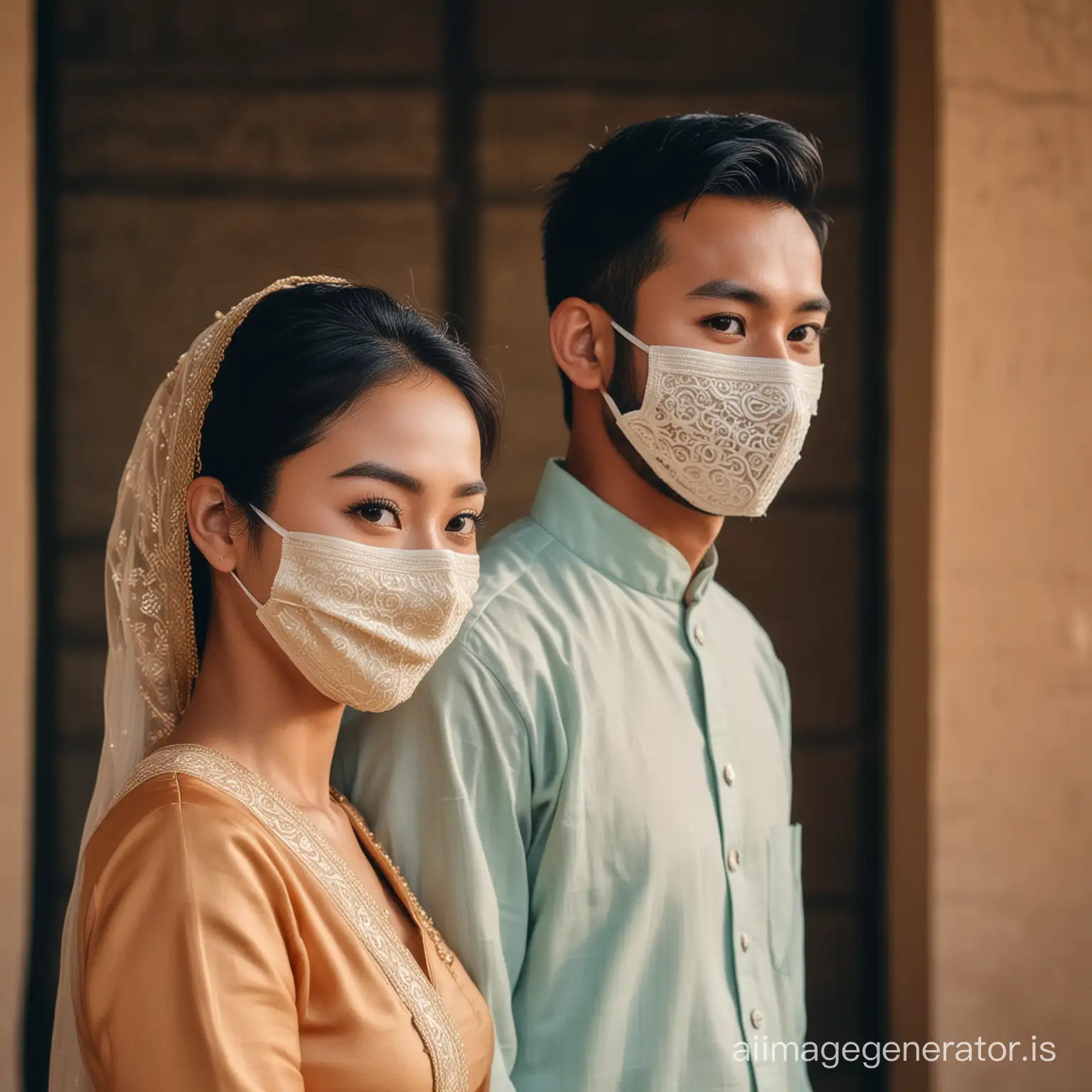 couple wearing masks and standing next to each other, lovely couple, couple, full protrait, cambodian, muslim, in profile, happy couple, smooth in _ the background, in background