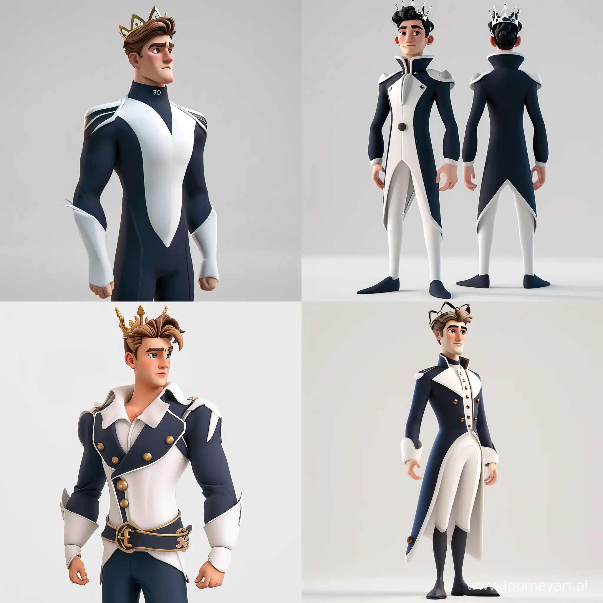 3d Cartoonic Character Design, Pixar Style: A Man Wearing Modern Clothes: Navy Blue & White Clothes Details, Crown on Head, Looking to the Left, Cinematic Pose, Full Body Shot,White Background, Vectorize, Blender Software, High Precision-- style raw
