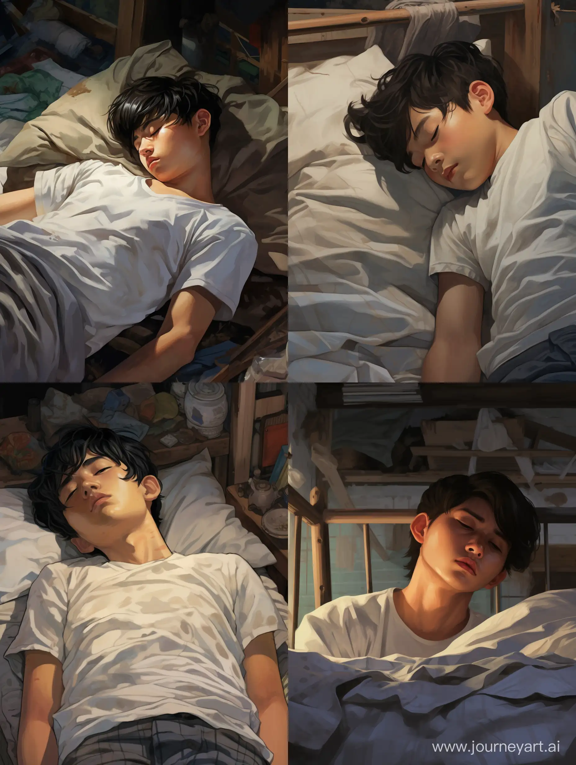 everything can be seen at a distance of 4 meters from an ordinary boy who is 180 cm tall, Asian, his face is not visible, but his features are clearly visible, his hair covers his eyes, black desert, black hair, he sleeps in a white t-shirt, he is spread out in bed, turned to the left side, the hand is under the desert, in the dark without light in the room, sleeping, the blanket is black, the blanket is covered to the waist of the body
