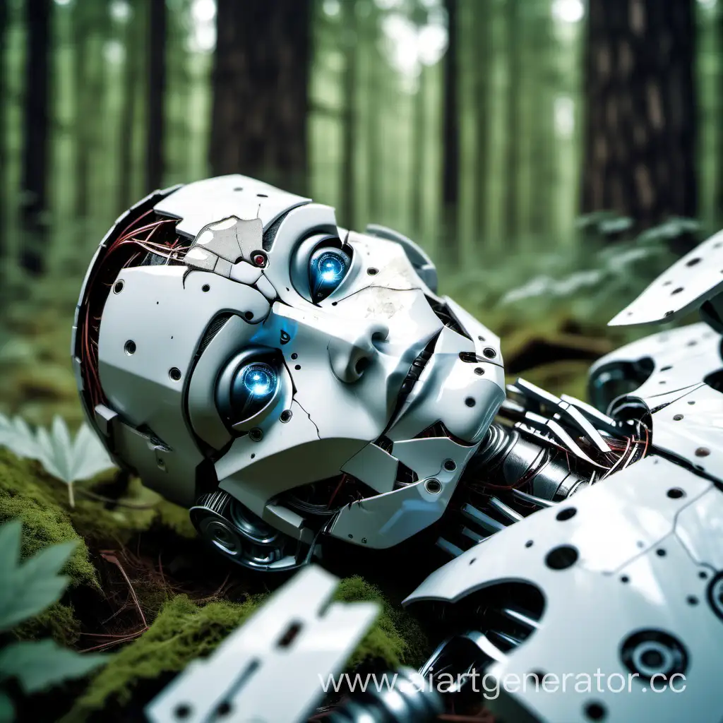 Сломанный робот похожий на человека лежит сломанный в лесу крупным планом