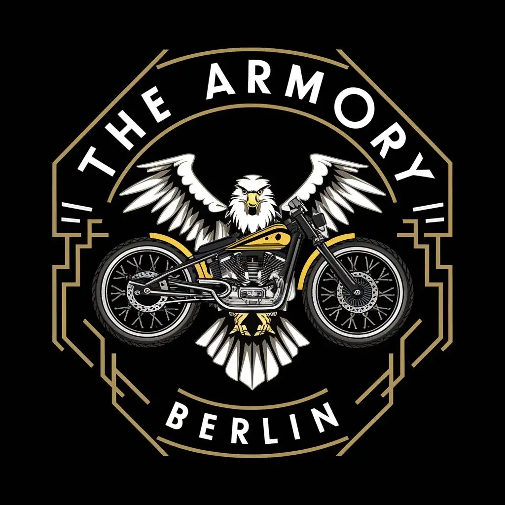 LOGO-Design-For-The-Armory-Berlin-Majestic-Eagle-Grasping-Motorcycle-Wheel-in-Art-Deco-Style