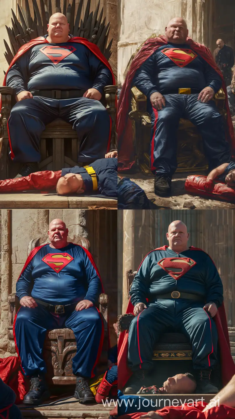 Portrait close-up photo centered on the chest of a chubby man aged 70 wearing a silky navy tracksuit. Red vertical stripe on the side of the pants. He has a black tactical belt. He has a big and long red leather cape. Black Hiking Boots. He is sitting in a throne. There is a second man lying at his feet. He is a chubby man aged 70 dressed in a clean slightly shiny blue superman costume with a big red cape, red boots, blue shirt, blue pants, yellow belt and red trunks Direct Sunlight. Bald. Clean Shaven. Outside. --style raw --ar 9:16 --v 6