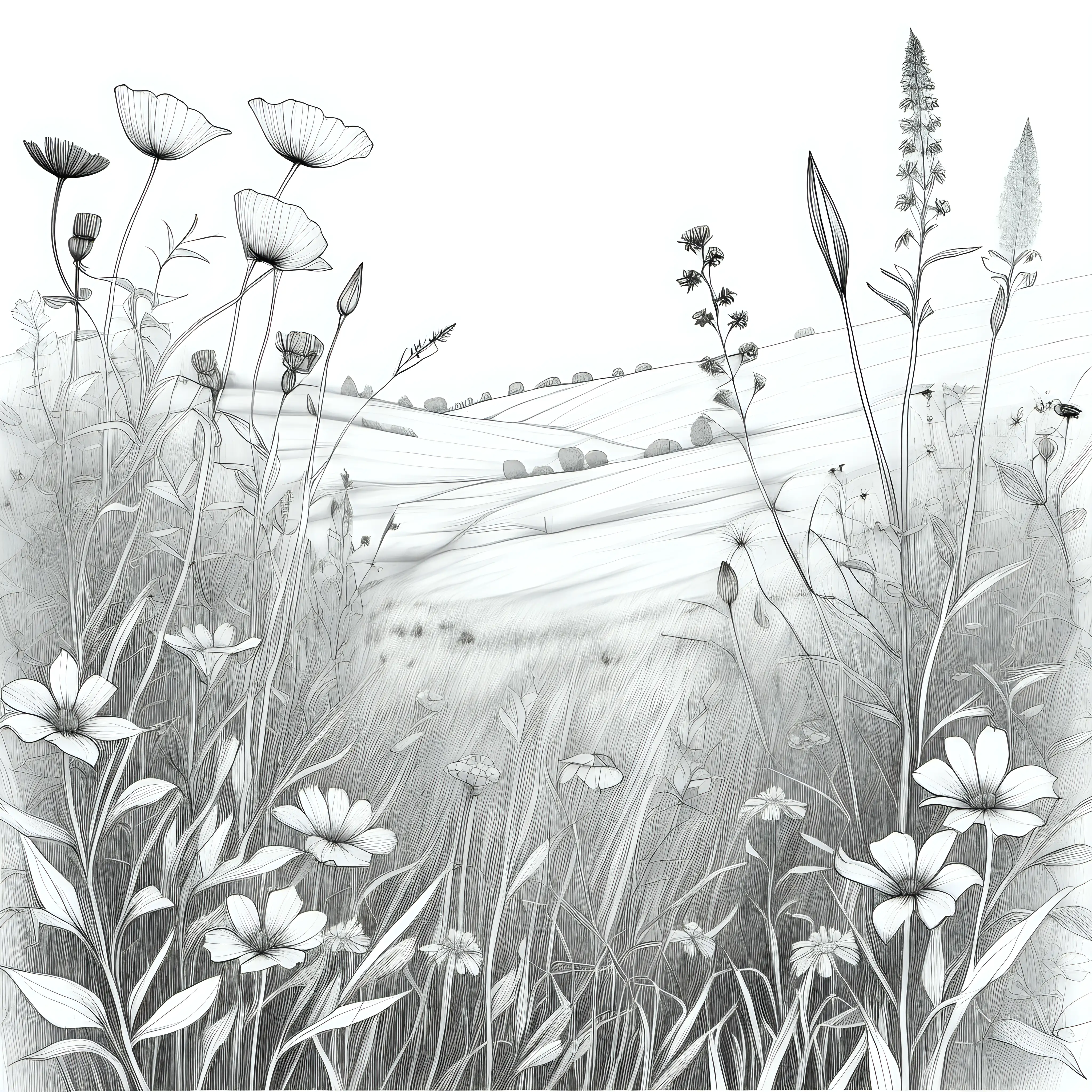 Wildblumenwiese, Bleistiftzeichnung, schwarze linien, ohne Hintergrund